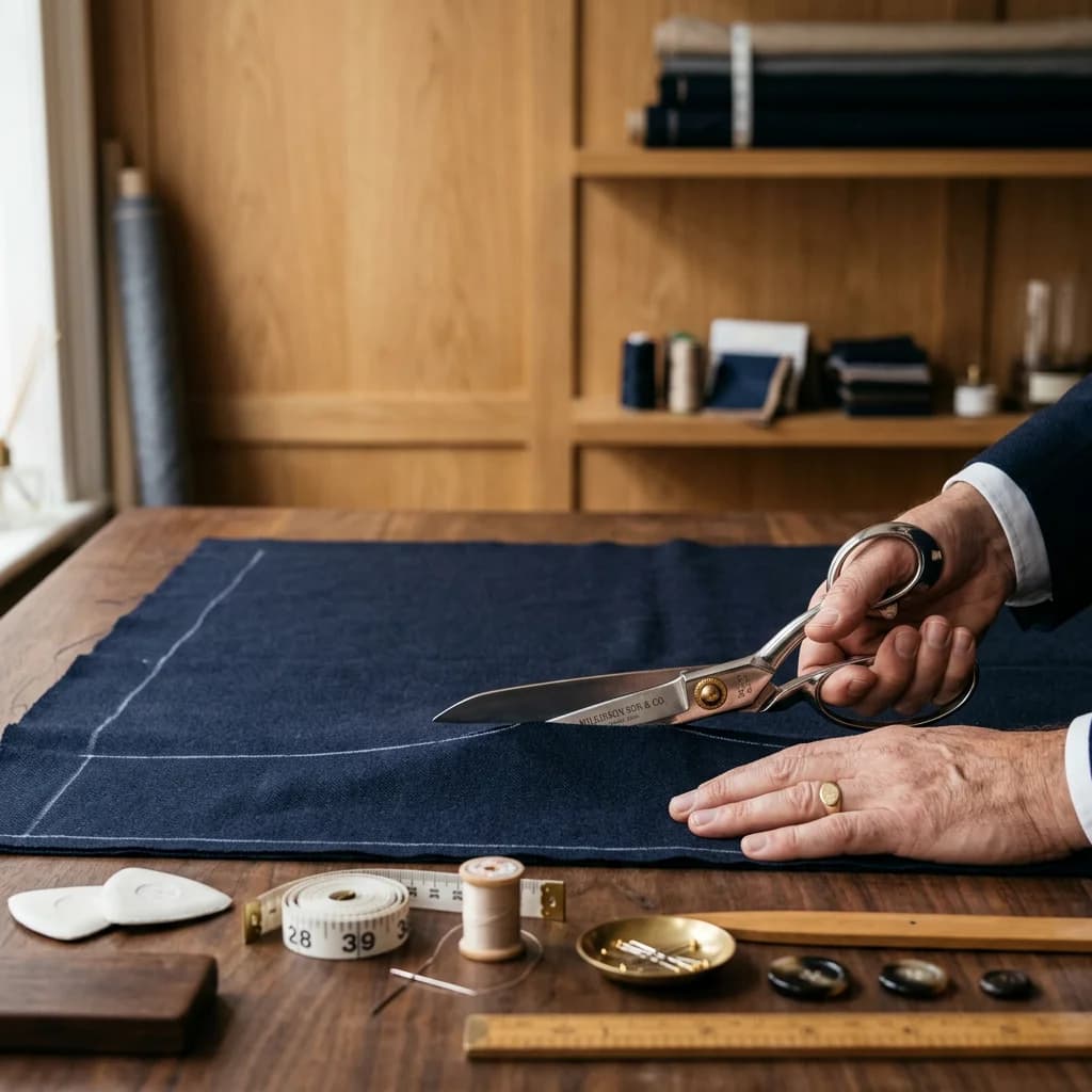 Tailoring cloth being cut in the atelier